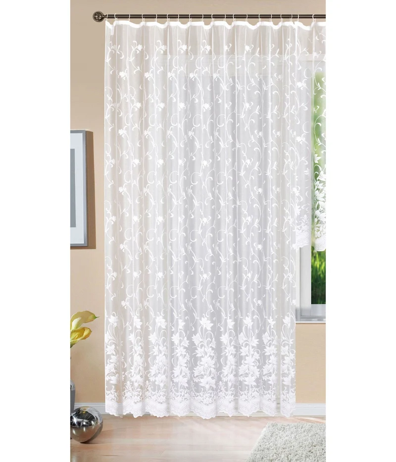 Gardine Store Jacquard Koblenz Kräuselband Universalband Weiß Blumenmuster Transparent Raschel-Gewebe Vorhang Wohnzimmer 13146