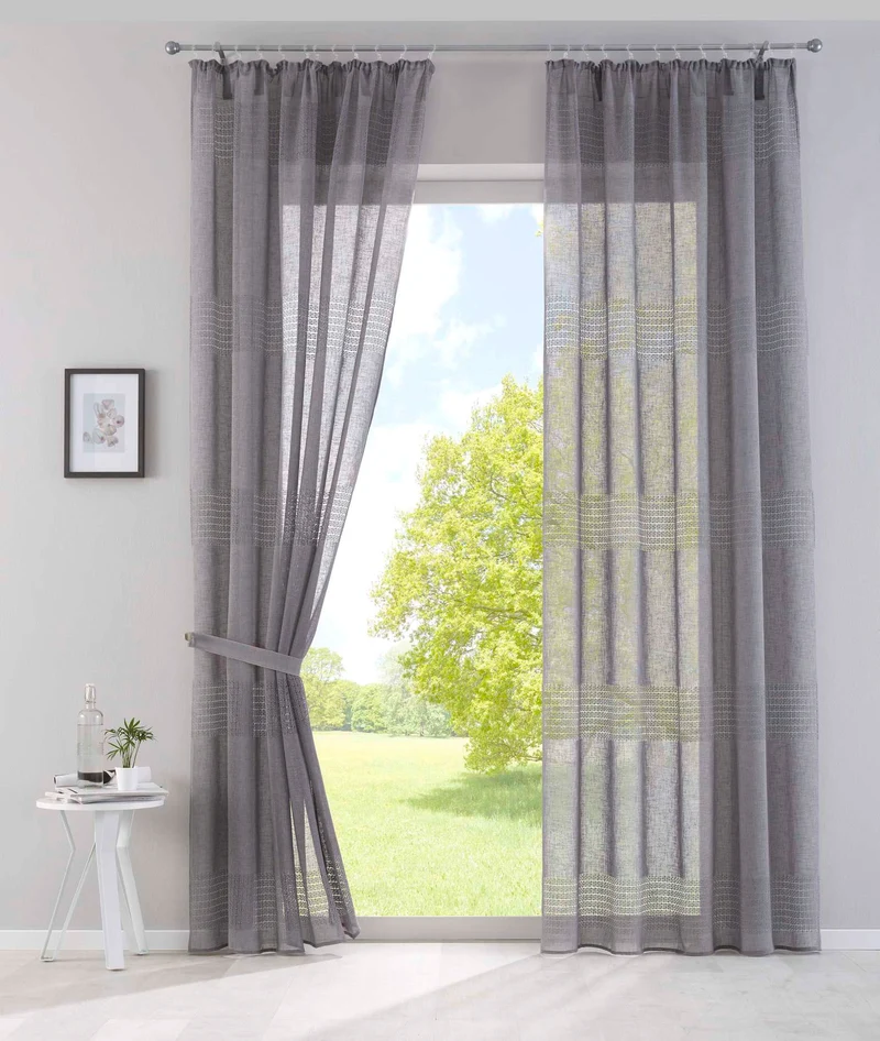 2er Set Gardinen Voile »Sanremo« Landhaus-Stil Querstreifen Leinen Häkel Optik Netzstruktur verdeckte Schlaufen Gardinenband 20190340-2