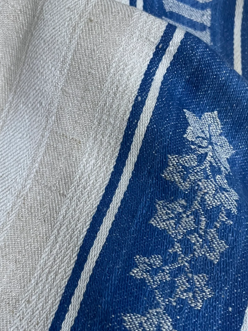 Jugendstil Mangeltuch mit blauen Streifen und Schrift 188 x 76