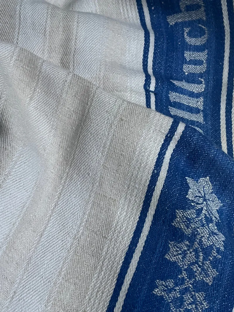 Jugendstil Mangeltuch mit blauen Streifen und Schrift 188 x 76