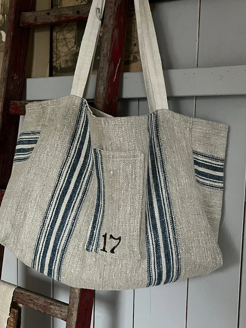 Große Tasche Shopper aus kräftigem Leinen mit blauen Streifen