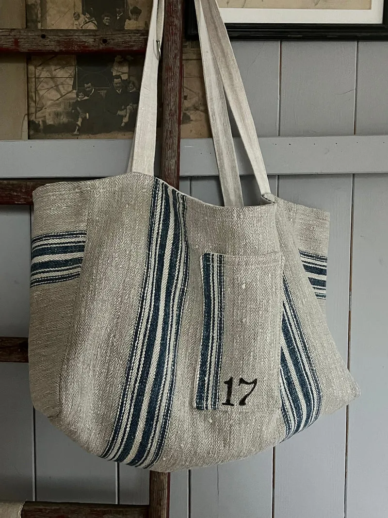 Große Tasche Shopper aus kräftigem Leinen mit blauen Streifen