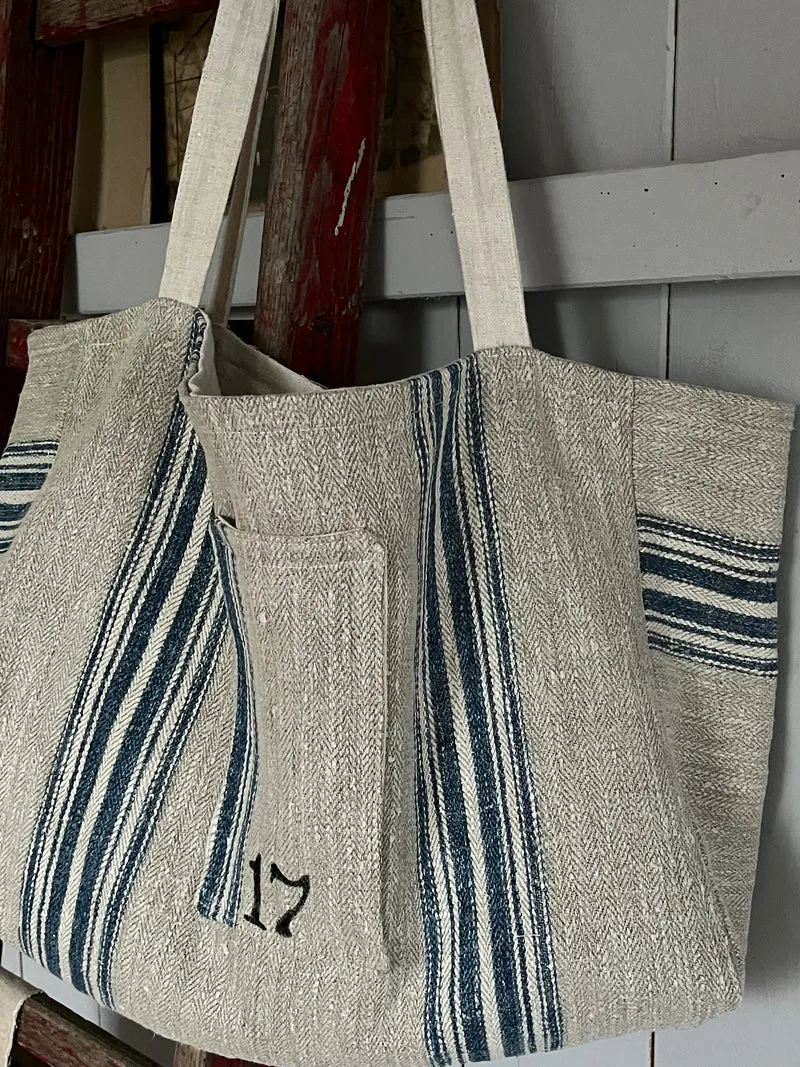 Große Tasche Shopper aus kräftigem Leinen mit blauen Streifen