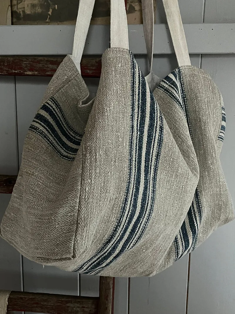 Große Tasche Shopper aus kräftigem Leinen mit blauen Streifen