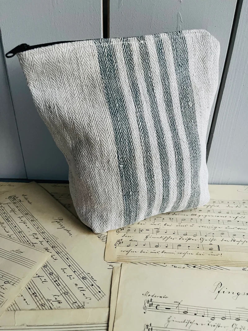 Striped: Kosmetiktasche Tasche aus altem Leinen mit Innenfutter kleiner Shopper