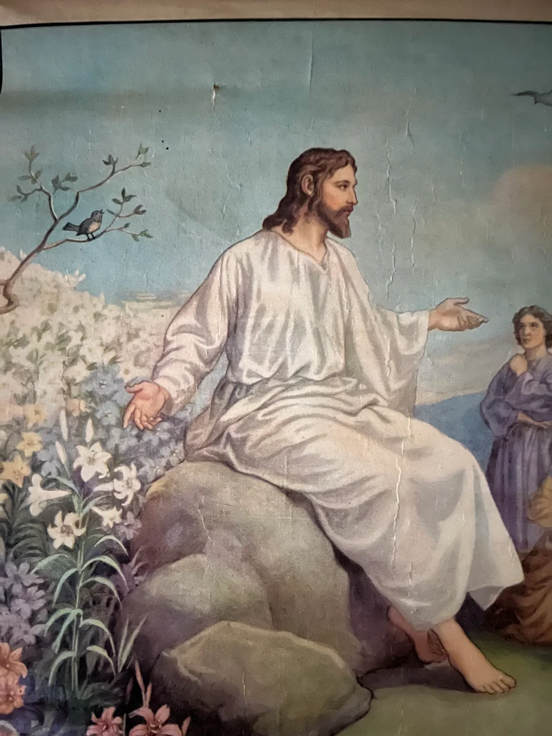 Alte original Schulkarte Lerntafel aus Belgien „Jesus spricht zum Volk“ auf Leinwand