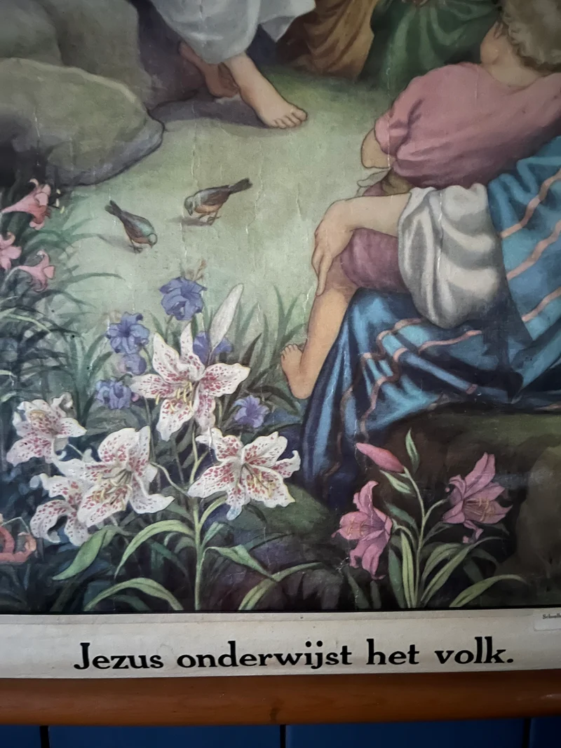 Alte original Schulkarte Lerntafel aus Belgien „Jesus spricht zum Volk“ auf Leinwand