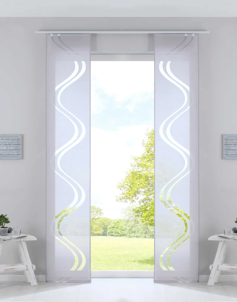 2er Set Flächenvorhänge Schiebegardinen Ausbrenner Qualität modern mit Wellen Muster transparent Paneelwägen Beschwerungsstangen 20190418-2