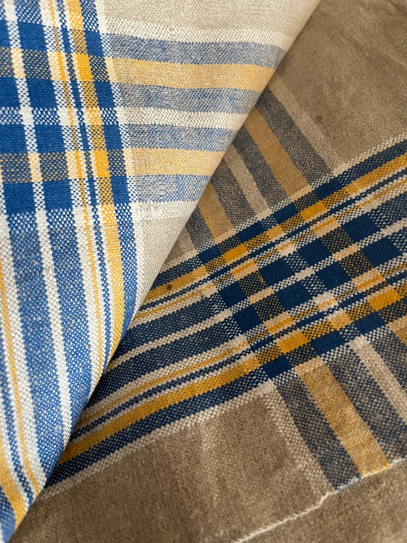 Mangeltuch aus altem Leinen mit blau/gelben Streifen 2,8 x 0,78