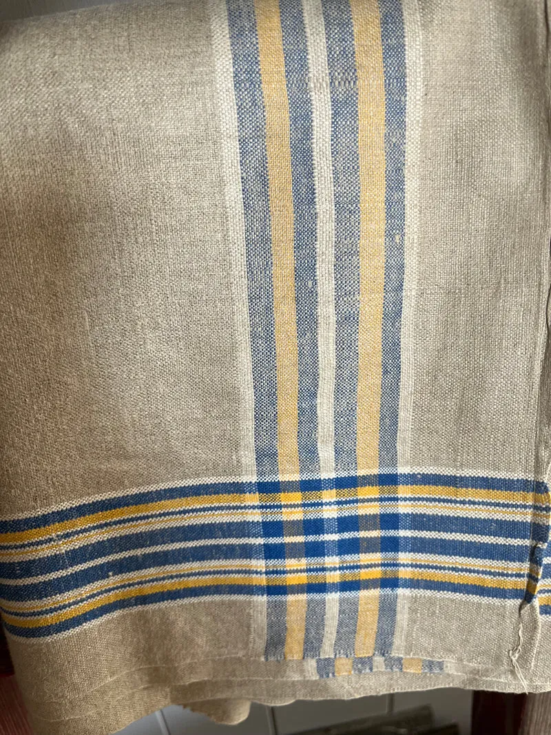 Mangeltuch aus altem Leinen mit blau/gelben Streifen 2,8 x 0,78