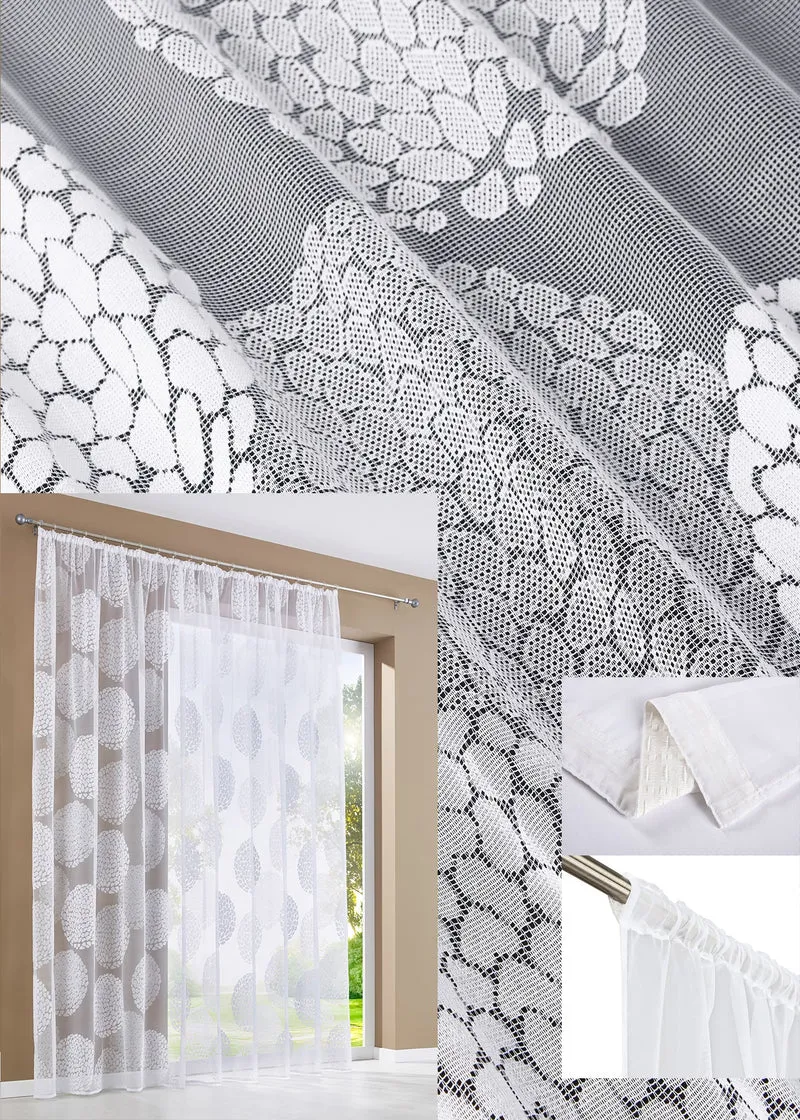 Gardine Store Jacquard »Fabio« Kräuselband Universalband Weiß Kreismuster Transparent Raschel-Gewebe Vorhang Wohnzimmer 13143