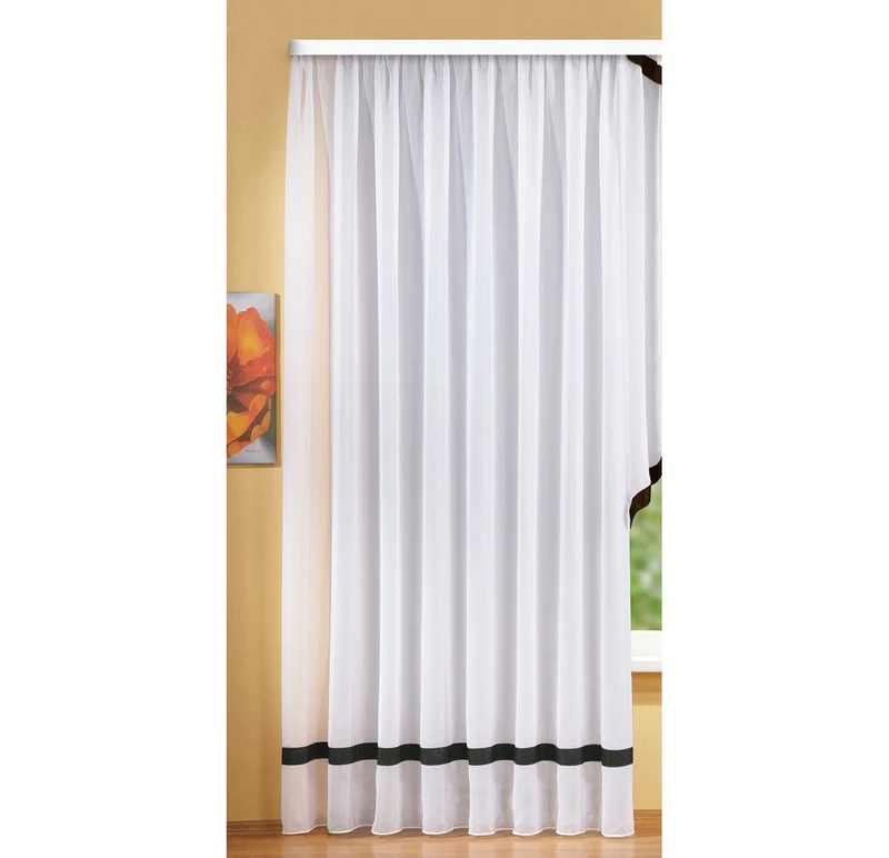 Langstore Gardine mit Kräuselband und Borte aus mattem Microsatin Micofaser-Gewebe. 20424