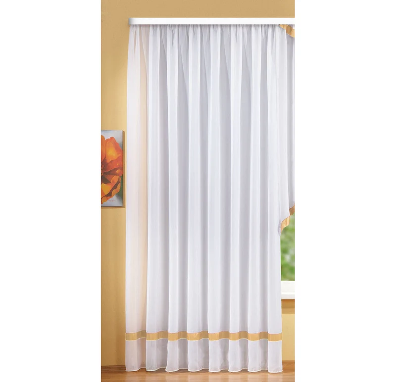 Langstore Gardine mit Kräuselband und Borte aus mattem Microsatin Micofaser-Gewebe. 20424