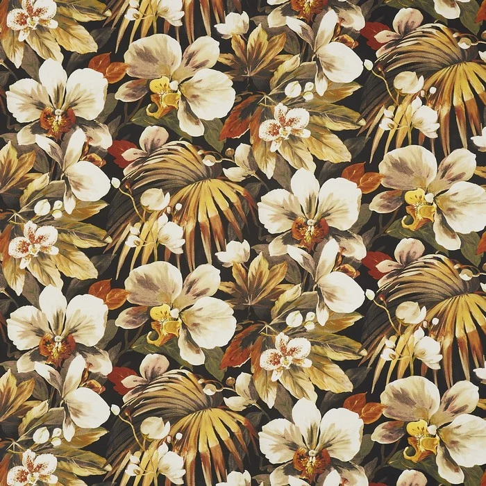 Baumwollstoff Tropische Blumen - ocker