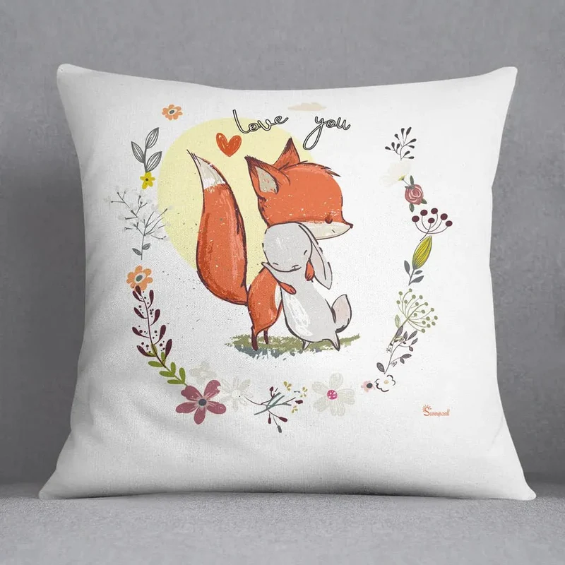 Kissen Fuchs Hase – Liebevolles Kissen mit Umarmung und Blumenkranz