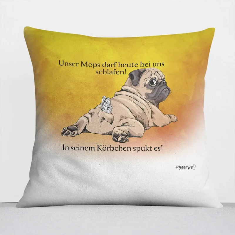 Kissen Mops schlafen im Bett – lustiger Hundespruch für Hundefans