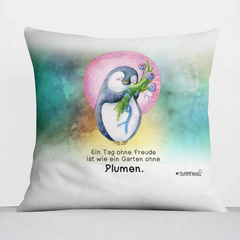 Kissen Pinguin Garten ohne Plumen – liebevolles Kissen mit Spruch