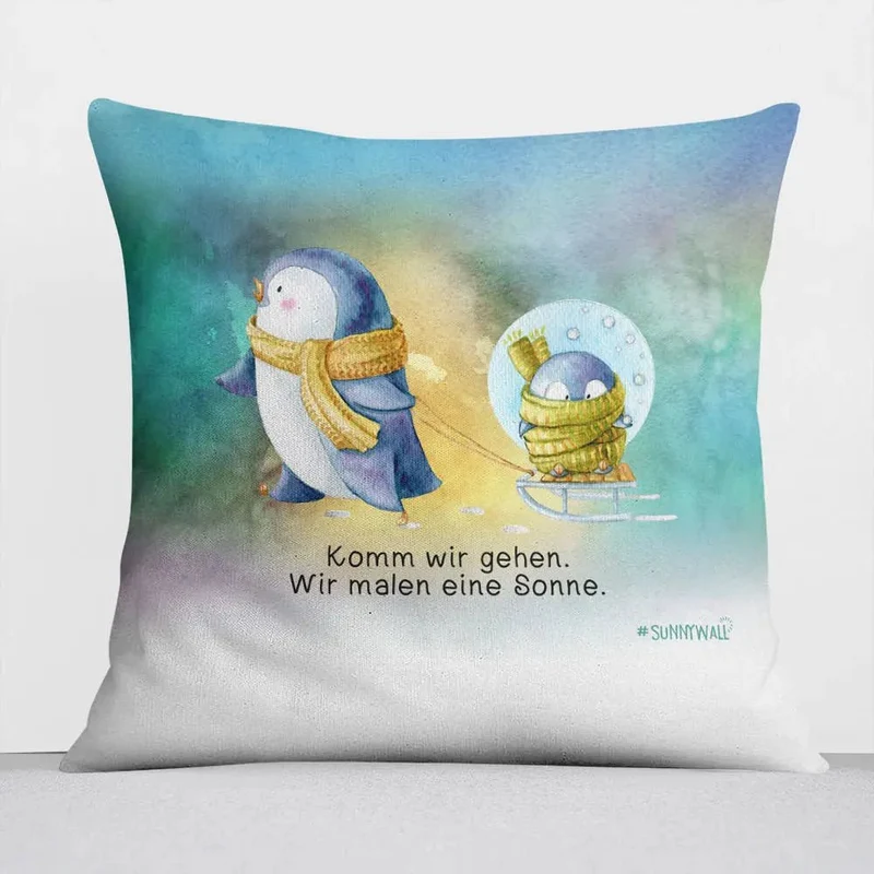 Pinguin Nigel Kissen Komm wir gehen. Wir malen eine Sonne.