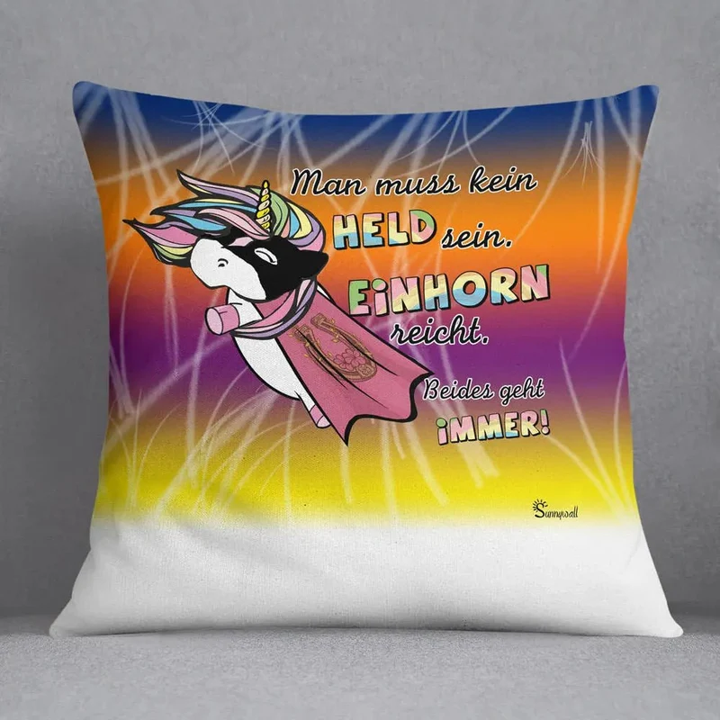 Kissen Einhorn Held – Buntes Superhelden-Kissen mit lustigem Spruch