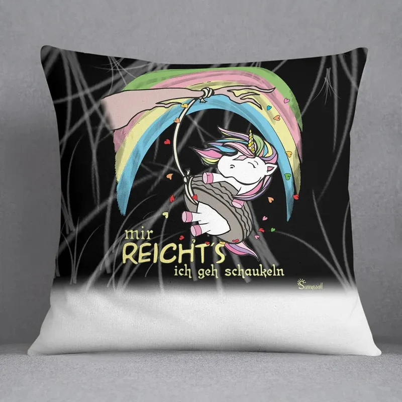 Kissen Einhorn Schaukeln – Lustiges Kissen mit Regenbogen und Spruch
