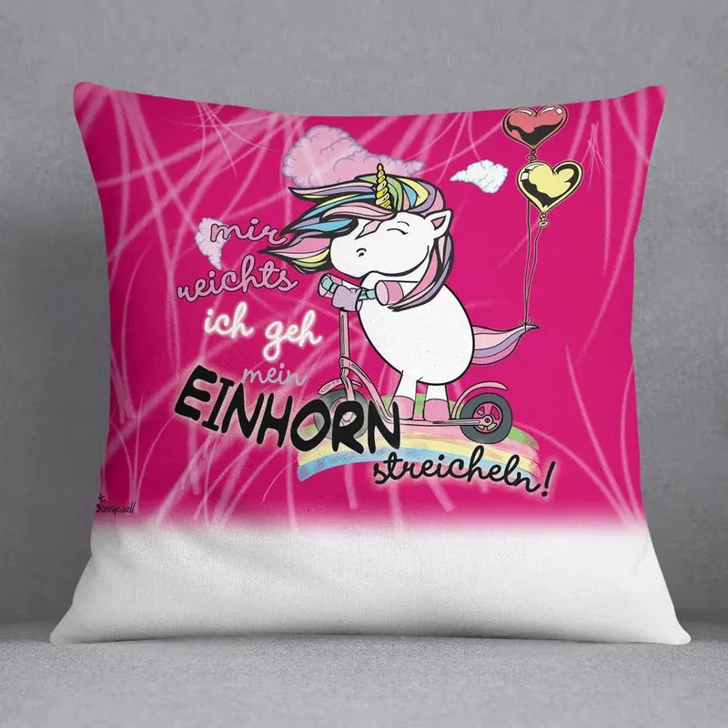 Kissen Einhorn streicheln – Lustiges Spruchkissen mit Roller & Ballons