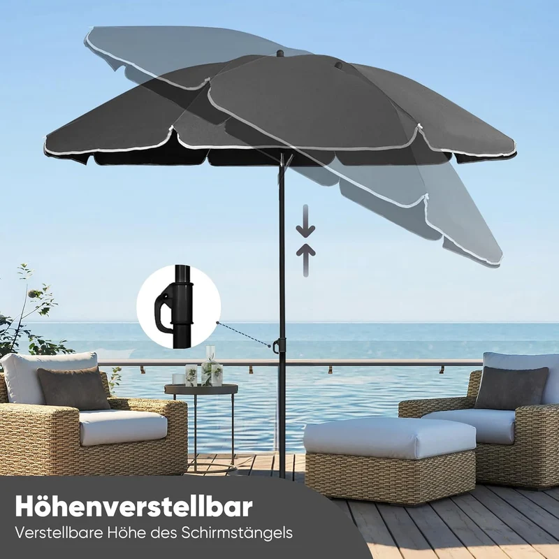 Sekey Sonnenschirm Ø180 cm mit UPF50+ – windstabiler Strand- & Balkonschirm mit Neigefunktion, wasserdicht, inkl. Schutzhülle, GRS-recycelter Bezug