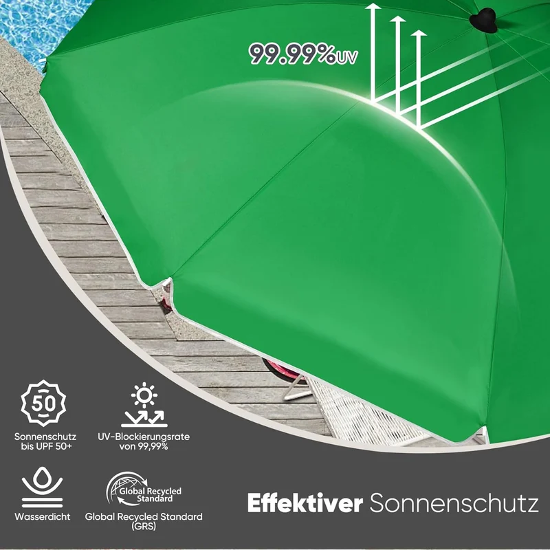 Sekey Sonnenschirm Ø180 cm mit UPF50+ – windstabiler Strand- & Balkonschirm mit Neigefunktion, wasserdicht, inkl. Schutzhülle, GRS-recycelter Bezug