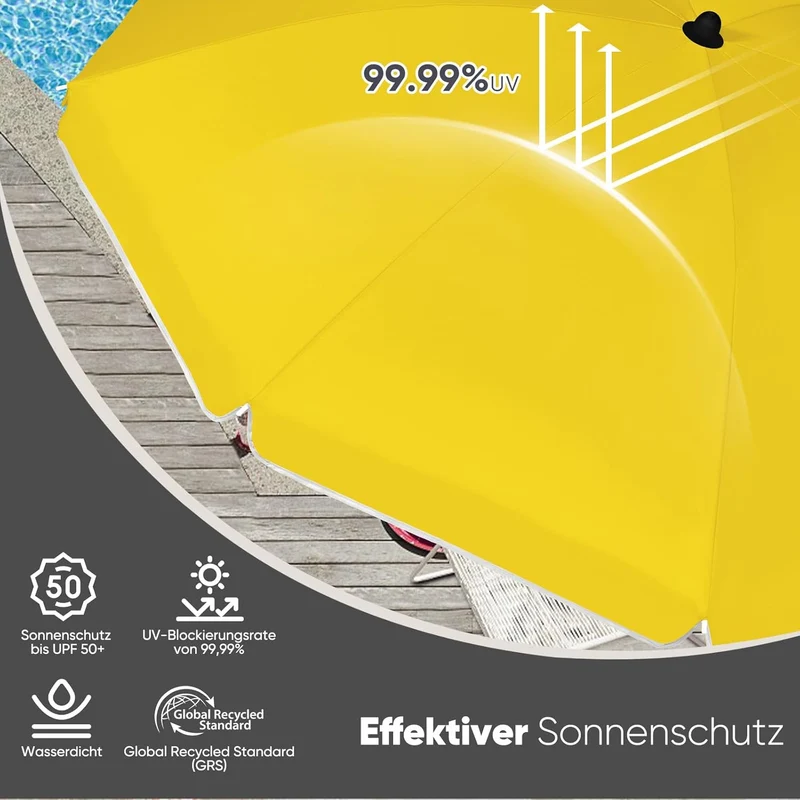 Sekey Sonnenschirm Ø180 cm mit UPF50+ – windstabiler Strand- & Balkonschirm mit Neigefunktion, wasserdicht, inkl. Schutzhülle, GRS-recycelter Bezug