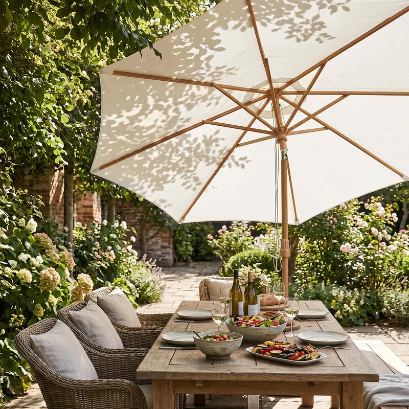 Sekey Sonnenschirm Ø300 cm in Holzoptik – mit Auto-Kippfunktion, 180g/m² Polyester UV50+, Eisenmast 48 mm & 8 Stahlstreben, großer Gartenschirm für Balkon, Terrasse & Garten