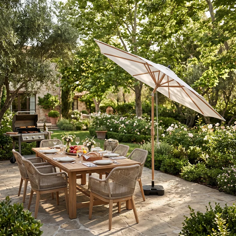 Sekey Sonnenschirm Ø300 cm in Holzoptik – mit Auto-Kippfunktion, 180g/m² Polyester UV50+, Eisenmast 48 mm & 8 Stahlstreben, großer Gartenschirm für Balkon, Terrasse & Garten