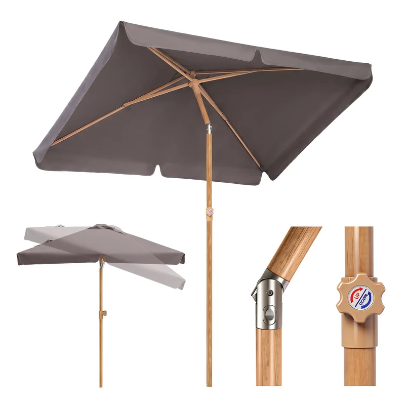 Sekey Sonnenschirm Balkon 200x125 cm rechteckig in Holzoptik – höhenverstellbar, neigbar mit Aluminium-Drehgelenk, UV50+ Polyester, Push-Up-System für Balkon, Terrasse & Garten