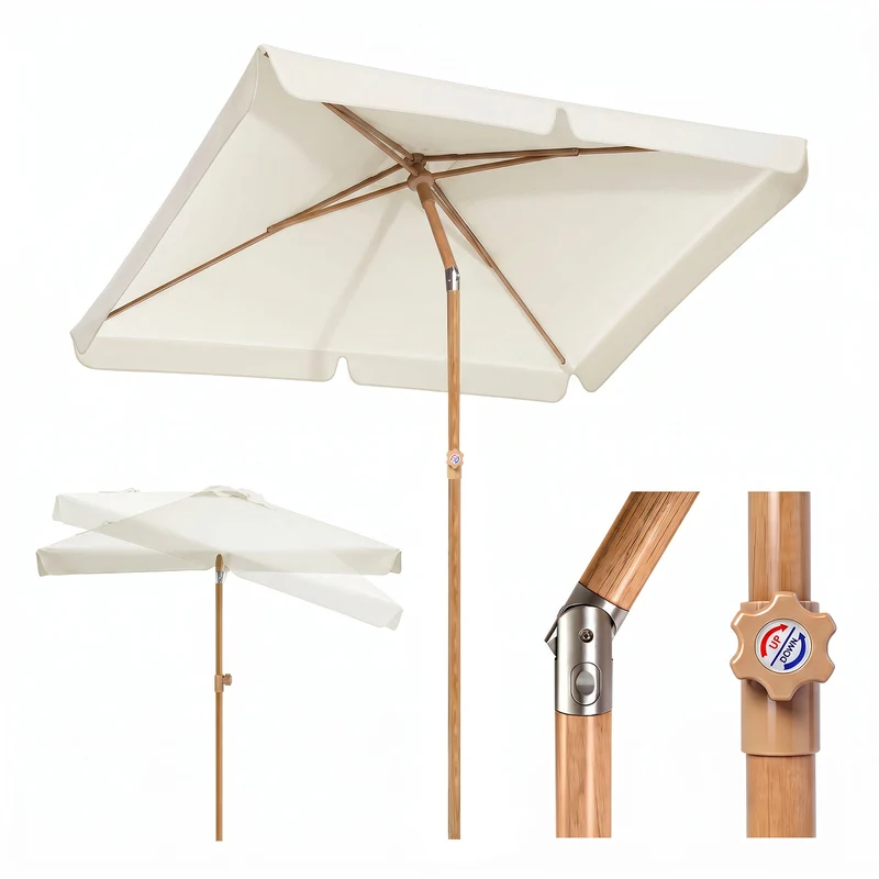 Sekey Sonnenschirm Balkon 200x125 cm rechteckig in Holzoptik – höhenverstellbar, neigbar mit Aluminium-Drehgelenk, UV50+ Polyester, Push-Up-System für Balkon, Terrasse & Garten