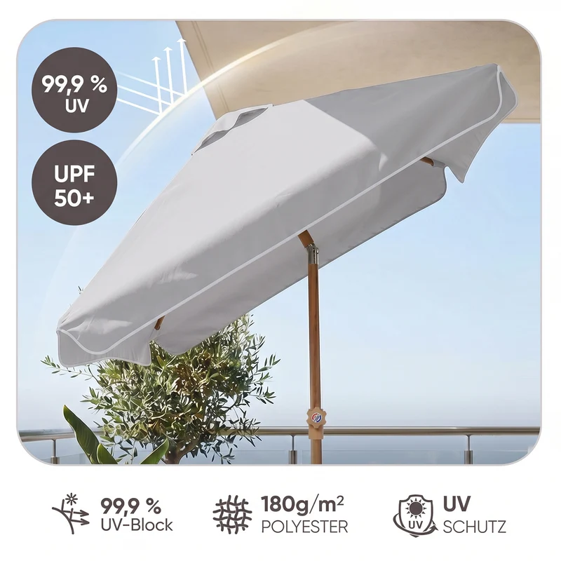 Sekey Sonnenschirm Balkon 200x125 cm rechteckig in Holzoptik – höhenverstellbar, neigbar mit Aluminium-Drehgelenk, UV50+ Polyester, Push-Up-System für Balkon, Terrasse & Garten