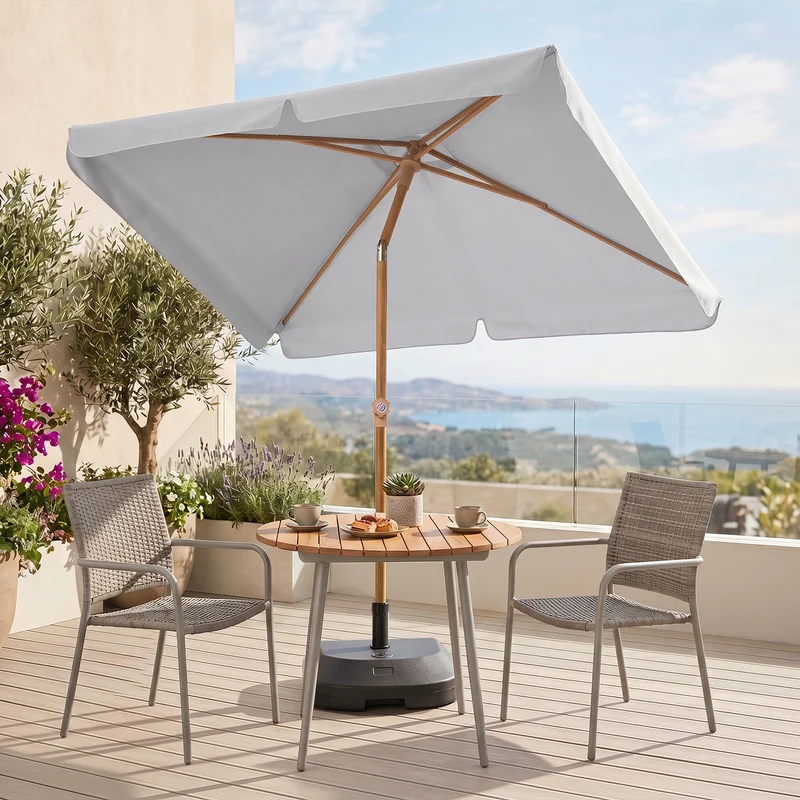 Sekey Sonnenschirm Balkon 200x125 cm rechteckig in Holzoptik – höhenverstellbar, neigbar mit Aluminium-Drehgelenk, UV50+ Polyester, Push-Up-System für Balkon, Terrasse & Garten