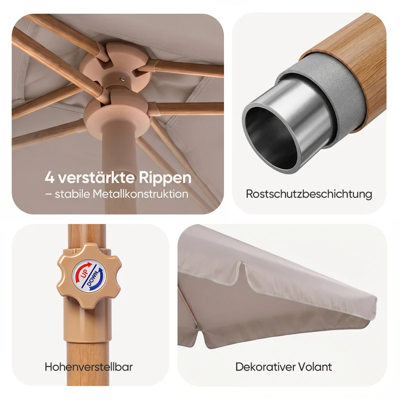 Sekey Sonnenschirm Balkon 200x125 cm rechteckig in Holzoptik – höhenverstellbar, neigbar mit Aluminium-Drehgelenk, UV50+ Polyester, Push-Up-System für Balkon, Terrasse & Garten
