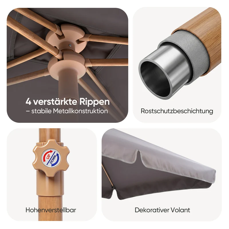 Sekey Sonnenschirm Balkon 200x125 cm rechteckig in Holzoptik – höhenverstellbar, neigbar mit Aluminium-Drehgelenk, UV50+ Polyester, Push-Up-System für Balkon, Terrasse & Garten