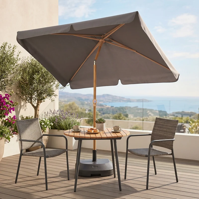 Sekey Sonnenschirm Balkon 200x125 cm rechteckig in Holzoptik – höhenverstellbar, neigbar mit Aluminium-Drehgelenk, UV50+ Polyester, Push-Up-System für Balkon, Terrasse & Garten