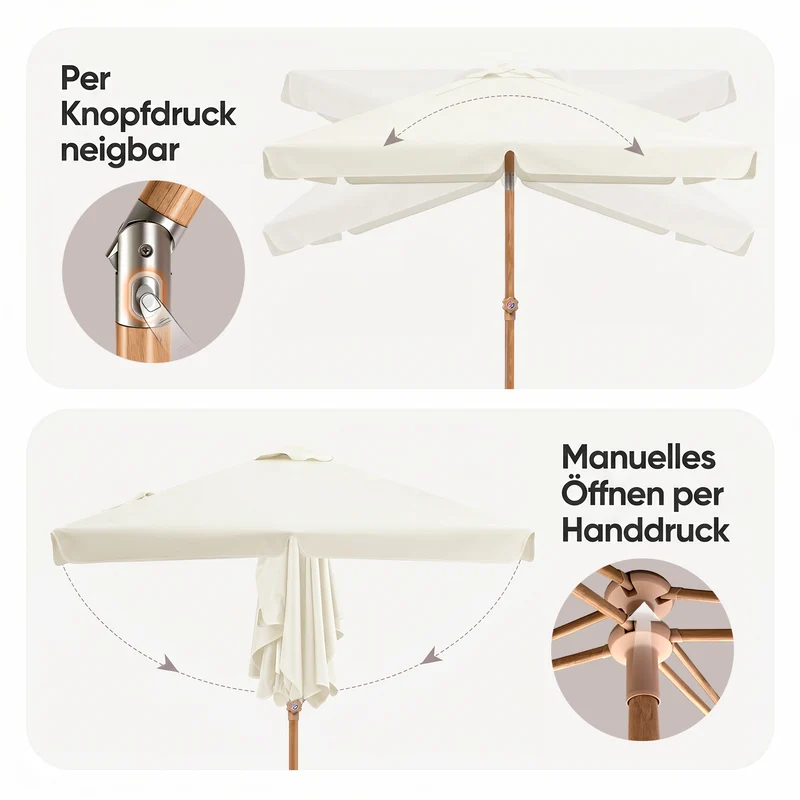 Sekey Sonnenschirm Balkon 200x125 cm rechteckig in Holzoptik – höhenverstellbar, neigbar mit Aluminium-Drehgelenk, UV50+ Polyester, Push-Up-System für Balkon, Terrasse & Garten