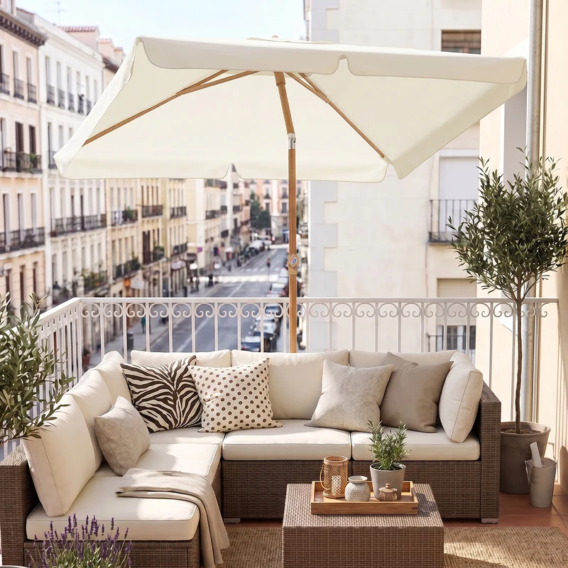 Sekey Sonnenschirm Balkon 200x125 cm rechteckig in Holzoptik – höhenverstellbar, neigbar mit Aluminium-Drehgelenk, UV50+ Polyester, Push-Up-System für Balkon, Terrasse & Garten