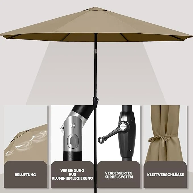 Sekey Alu Sonnenschirm mit UV-Schutz 50+ – Windfester Gartenschirm mit Kurbel für Balkon, Terrasse & Garten