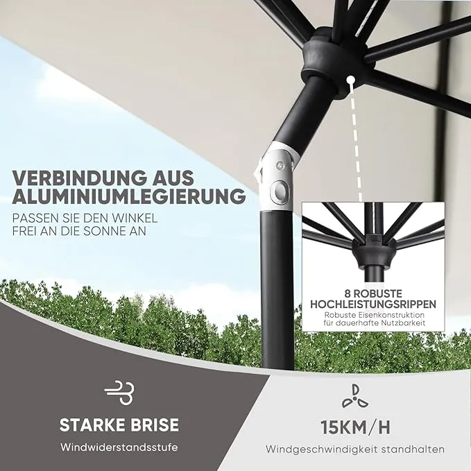 Sekey Alu Sonnenschirm mit UV-Schutz 50+ – Windfester Gartenschirm mit Kurbel für Balkon, Terrasse & Garten