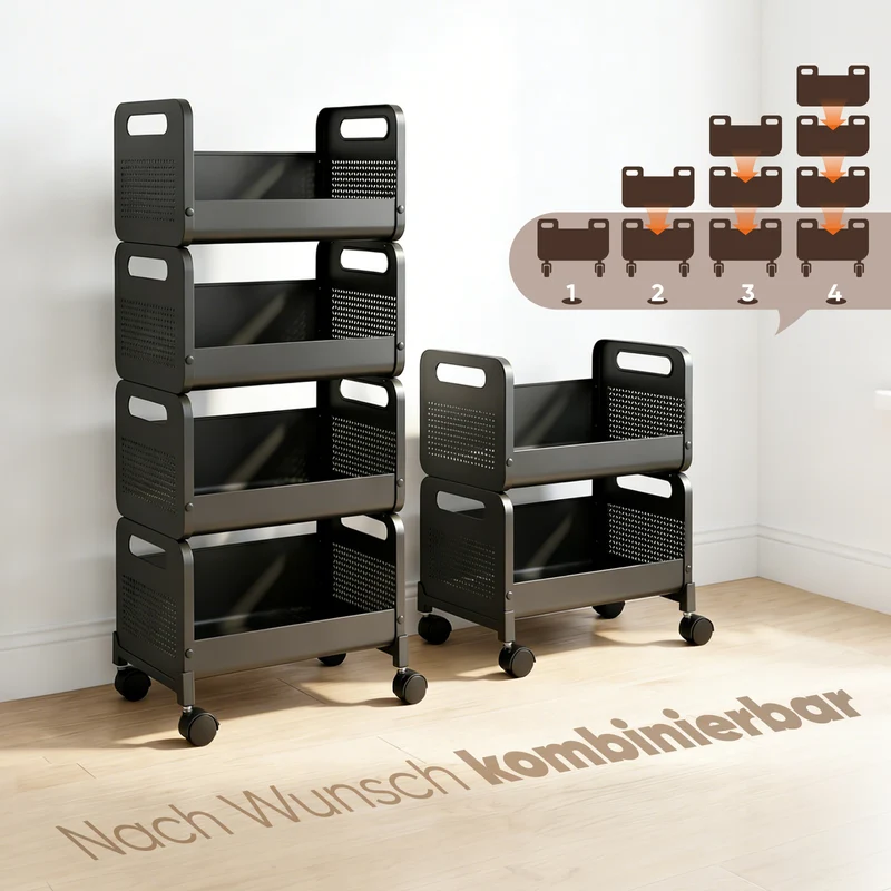 SekeyRollwagen schwarz 25 cm breit, Küchenwagen mit 4 oder 5 Ebenen, Servierwagen mit Rollen, Metall Aufbewahrungsregal, flexibel einstellbar, 360° Rollen mit Bremse