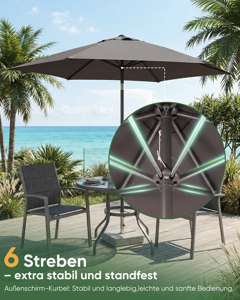 Sekey Sonnenschirm 200 cm mit Kurbel & Knickfunktion, UV-Schutz 50+, stabiler 6-Rippen-Konstruktion, Balkon Sonnenschirm für Terrasse, Garten & Strand