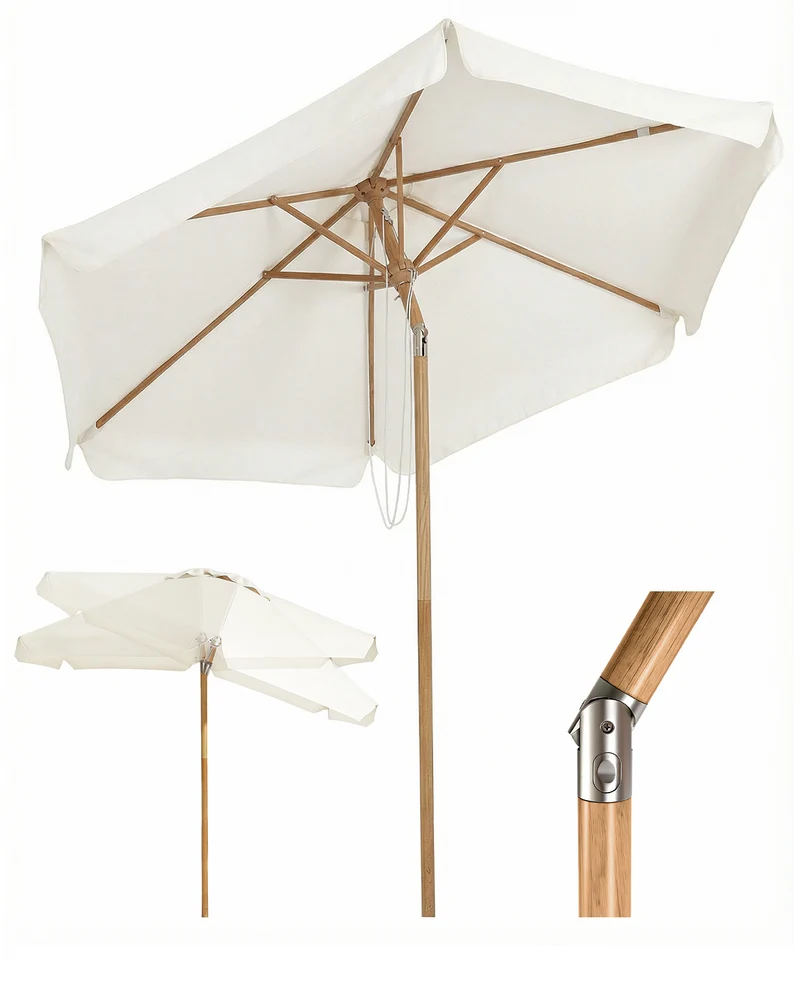 Sekey Sonnenschirm 200 cm Balkon Holzoptik mit Neigungsfunktion, UPF 50+, Doppel-Seilzug, stabiler Eisenmast & 6 Stahlstreben – für Balkon & Terrasse