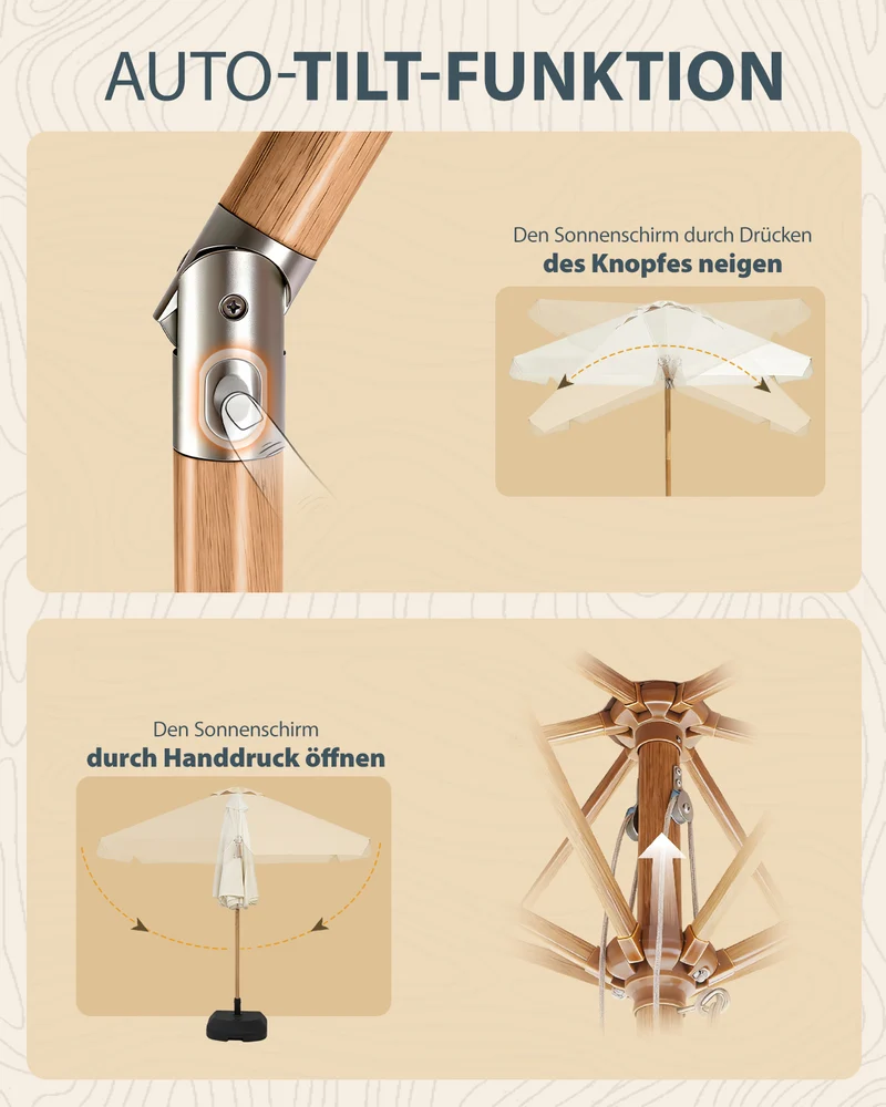 Sekey Sonnenschirm 200 cm Balkon Holzoptik mit Neigungsfunktion, UPF 50+, Doppel-Seilzug, stabiler Eisenmast & 6 Stahlstreben – für Balkon & Terrasse