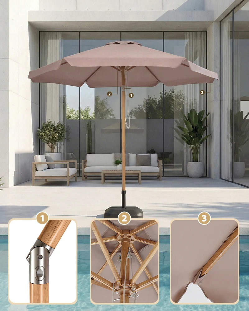 Sekey Sonnenschirm 200 cm Balkon Holzoptik mit Neigungsfunktion, UPF 50+, Doppel-Seilzug, stabiler Eisenmast & 6 Stahlstreben – für Balkon & Terrasse