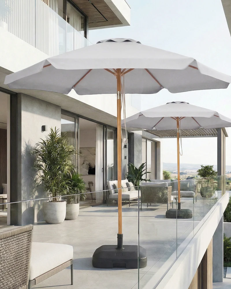 Sekey Sonnenschirm 200 cm Balkon Holzoptik mit Neigungsfunktion, UPF 50+, Doppel-Seilzug, stabiler Eisenmast & 6 Stahlstreben – für Balkon & Terrasse