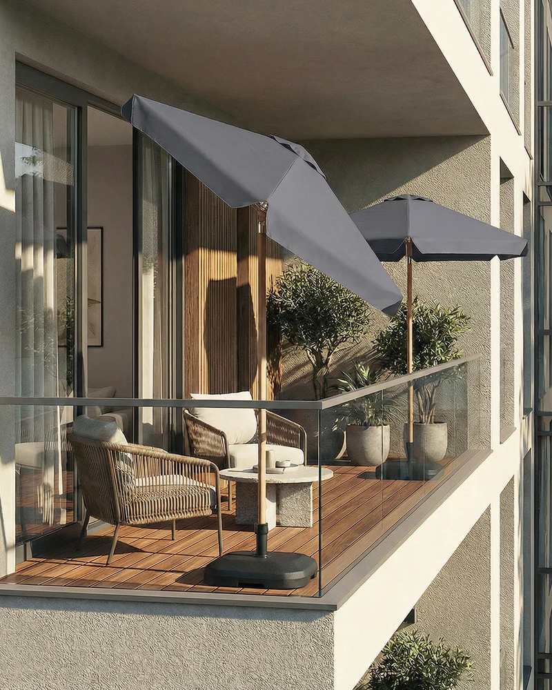 Sekey Sonnenschirm 200 cm Balkon Holzoptik mit Neigungsfunktion, UPF 50+, Doppel-Seilzug, stabiler Eisenmast & 6 Stahlstreben – für Balkon & Terrasse