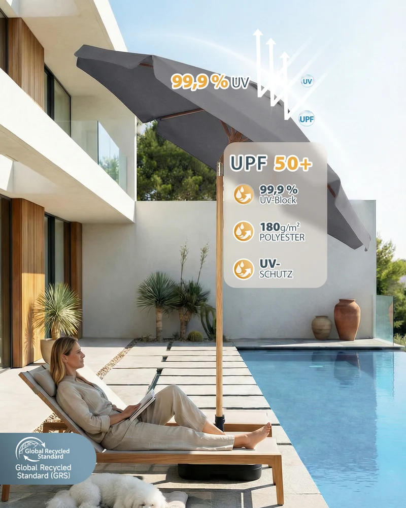 Sekey Sonnenschirm 200 cm Balkon Holzoptik mit Neigungsfunktion, UPF 50+, Doppel-Seilzug, stabiler Eisenmast & 6 Stahlstreben – für Balkon & Terrasse