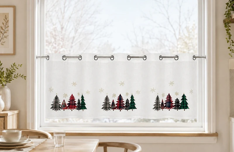 Scheibengardine Ösen bestickt Weihnachtsbaum kariert HxB 50x140cm